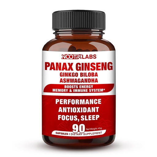 [BRSRMBIRCMIB43QV] Korean Red Panax Ginseng Highest Potency with Ginkgo Biloba and Ashwagandha, Boost Energy, Memory, and Immune System - Focus Supplement Pills for Men and Women, 90 Vegan Capsules