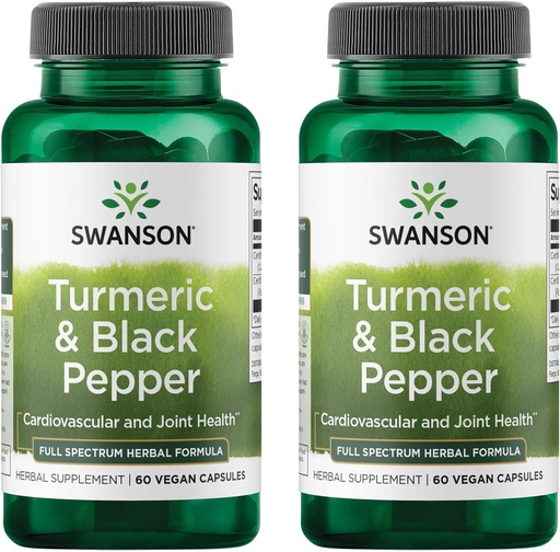 [BRSWGAANDJYG2ETU] Swanson Turmeric & Black Pepper - Supplément de soutien pour la santé des articulations organiques, la santé cardiaque, la digestion et le foie - Formule naturelle pour la biodisponibilité améliorée et l'absorption - (60 capsules de Veggie) 2 Pack