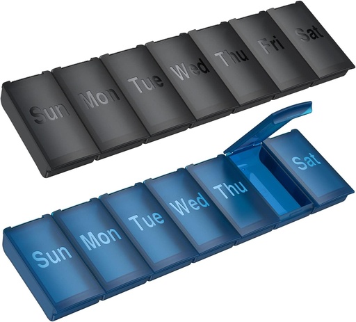 [BRSRMCQ2OYPGAFD4] 2 Pack Weekly Pill Organizer, Large Daily Vitamin Pill Box,Portable Travel Friendly 7 Day Pill Containers Medicine Holder,Handbag Outdoor Camping Small Pill Case for Supplements Fish Oil(Black+Blue)