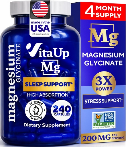[BRSROFT3OYFRQYLX] VitaUp Magnesium Glycinate 200mg - USA Made, Highly Absorbed, Non-GMO Magnesium for Relaxation, Deep Sleep, Bones & Heart - 200mg per Serving, 240 Vegan Capsules