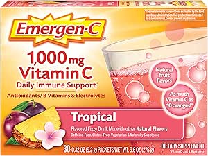 [BRSWIYD4CMIROEDM] Emergen-C 1000mg Vitamin C Powder, with Antioxidants, B Vitamins and Electrolytes, Vitamin C Supplements for Immune Support, Caffeine Free Fizzy Drink Mix, Tropical Flavor - 30 Count/1 Month Supply