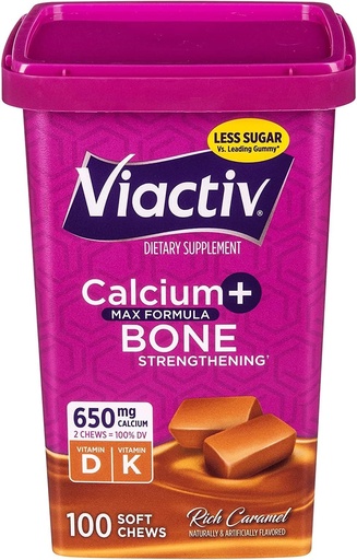 [BRSWIGQIPNYRGHY3] Viactiv Max Formula Calcium +Vitamin D3 osagarria Hezur Osasuna, Karamelu aberatsa, 100 Soft Chews - 6 Pack