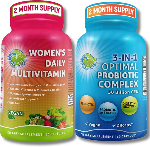 [BRSRAHAYB55Q2AA2] Women’s Multivitamin & Probiotic Support Bundle – 3-in-1 Probiotic with Digestive Enzymes & Prebiotic & Women’s Daily Multivitamin with Iron – Vegan, Non-GMO, Clean Daily Wellness Support