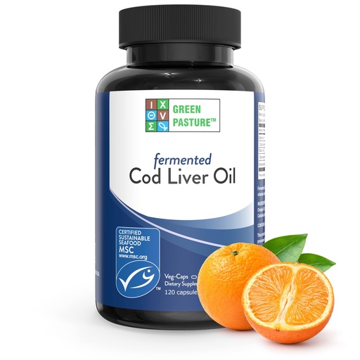 [BRSWIYIACR5REEA7] Green Pasture Fermented Cod Liver Oil - Orange Flavor, Wild Alaska Cod, Vitamins A & D, Omega-3-6-9, MSC Certified, 120 Capsules
