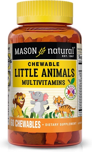 [BRSWIZL4AUBA22T4] MASON NATURAL Chewable Little Animals Multivitamins for Kids - Children's Daily Multivitamin with Vitamin A, C, D, B1, B2, B3, B6, B12, and Folate - 60 Animal Shaped Chewable Tablets