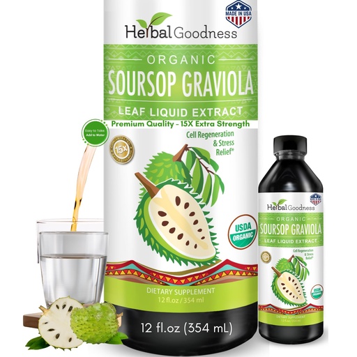 [BRSWEC34B4CREET3] Herbal Goodness Soursop Graviola Liquid Drops 12 Fl Oz - 15X Strength Organic Guanábana Soursop Leaves Extract for Gut Health, Cell & Immune Support Serene Soursop Drops - Vegan, Non-GMO, Made in USA