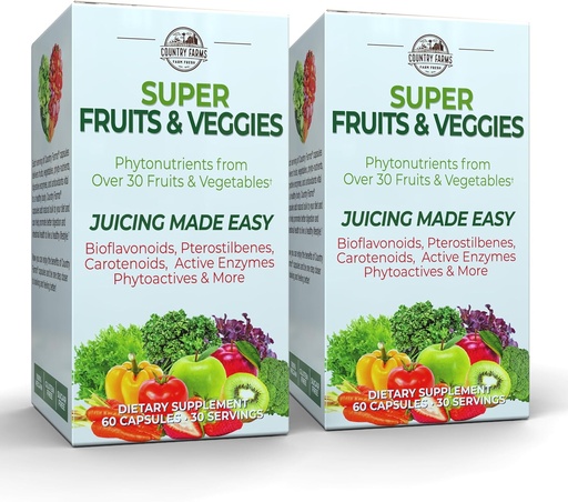 [BRSROGABPN7WG3D5] COUNTRY FARMS Super Fruits and Veggies Capsules, Whole Food Supplement, Powerful Antioxidant, Supports Energy, Immune Health, Boosts Digestive Health, 30 Organic Super Foods, 60 Servings, 2 Pack