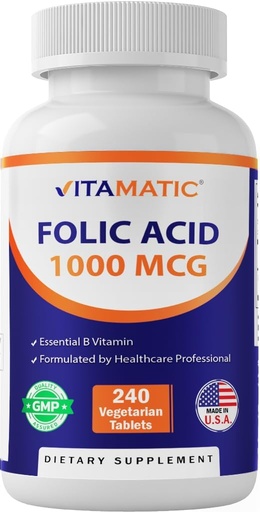 [BRSW22YDAB5Q2DLL] Vitamatic Folic Acid 1000 mcg (1 mg) - Vegetarian Tablets - 1667 mcg DFE - Vitamin B9 (240 Count (Pack of 1))