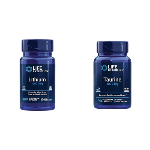 [BRSRAYYYBENGAFLV] Life Extension Lithium 1000 mcg and Taurine 1000 mg - Brain Health, Anti-Aging, Longevity, Memory, Cognition, Mood, Heart, Liver, Muscle and Exercise Support - 100 Count