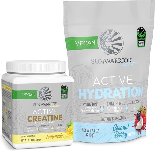[BRSRAY3RO4CR4HIY] Sunwarrior Creatine Monohydrate Powder Lemonade Flavored 50 Servings & Hydration Electrolyte Blend Coconut Berry Flavored 30 Servings