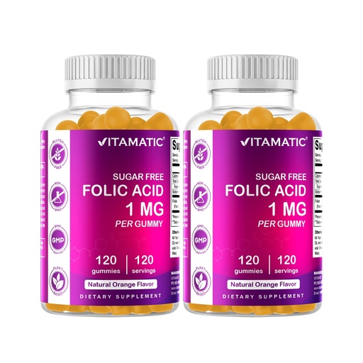[BRSRM2YFBUAWEFY4] Vitamatic Folic Acid Gummies 1000 mcg (1 mg) – Essential Prenatal Vitamin B9 for Mom & Baby – 120 Vegan Gummies per Bottle – 2 Pack