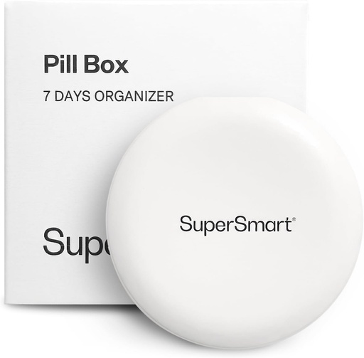 [BRSRAZALBUHAIE3X] SuperSmart - Pill Box Organizer 7 Days with 1 Cuting Blade for Tablets - Travel Size Item - Small Storage for Supplements & Medications - Easy-to-Use with 7 Large Compartments | White