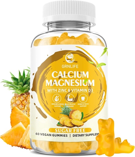 [BRSROBI7OEMWK3TB] Calcium Magnesium Zinc Gummies with Vitamin D3, Sugar Free Calcium Gummies for Women Men, High Potency Magnesium Gummies for Bone & Muscle & Immune Health, Pineapple Flavor - 60 Count