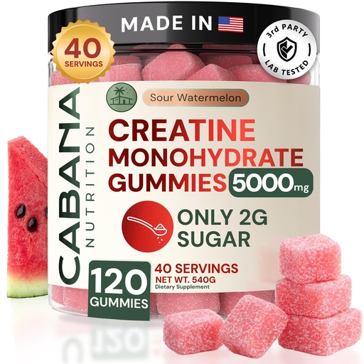 [BRSRAGQ5DEBBY2A4] Creatine Monohydrate Gummies 5g - Only 2g Sugar, Made in USA - Sour Watermelon Flavor - Vegan & 3rd Party Tested - Pre & Post Workout Supplement for Women and Men (120 Count, 40 Servings)