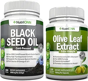 [BRSRAZQTOAJQKDTL] Black Seed Oil Softgels & Olive Leaf Extract Capsules Combo - Targeted Immune Support