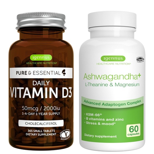 [BRSROFD3O4HAIHI4] Daily Vitamin D3 + Ashwagandha+ L-Theanine & Magnesium Vegetarian Bundle, 365 2000iu Vitamin D3 Tablets + 600mg KSM-66 Ashwagandha with Zinc & B Vitamins, by Igennus