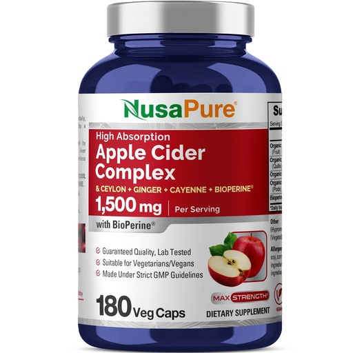 [BRSWGCQOBZ7BU2TF] NusaPure Apple Cider Vinegar Complex 1500 mg 180 Veg Caps Suitable for Vegetarians and Vegans, Non-GMO
