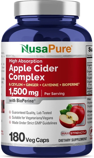 [BRSWGCQOBZ7BU2TF] NusaPure Apple Cider Vinegar Complex 1500 mg 180 Veg Caps Suitable for Vegetarians and Vegans, Non-GMO