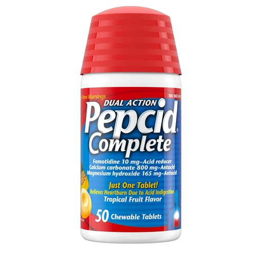 [BRSWIYYZOYAWYELO] Pepcid Complete Acid Reducer + Antacid Chews, 10mg Famotidine, 50 Ct | Heartburn Relief, OTC, 800mg Calcium Carbonate, 165mg Magnesium Hydroxide, 10 mg Famotidine, For Acid Reflux, Tropical Fruit
