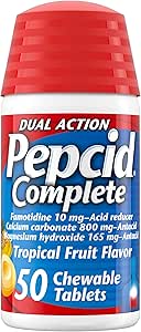 [BRSWIYYZOYAWYELO] Pepcid Complete Acid Reducer + Antacid for Acid Reflux, 10mg Famotidine, 800mg Calcium Carbonate & 165mg Magnesium Hydroxide per Heartburn Tablet, Antacid Chews, Tropical Fruit, 50 ct