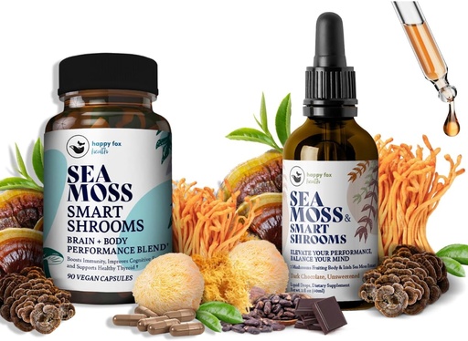 [BRSROAQ3OYPAIF3X] Hersen Superfoods Bundle - Biologische Zee Mos & Smart Shrooms, Capsules en Liquid Drops Bundle, Biologische Ierse Zeemos en 7 Adaptogene Supplementen voor Geheugen en Focus. Vloeibare druppels in chocolade smaak