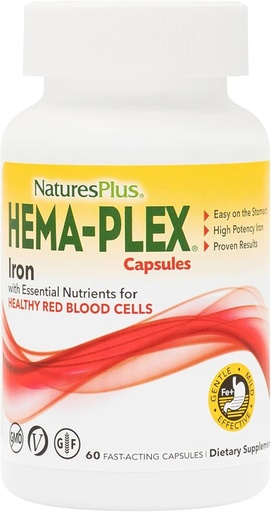 [BRSWIZD5AUMWKFTG] NaturesPlus Hema-Plex Iron - 60 Fast-Acting Capsules - 3 Pack - 85 mg Chelated Iron + Vitamin C & Bioflavonoids for Healthy Red Blood Cells - Vegan, Gluten Free - 90 Total Servings
