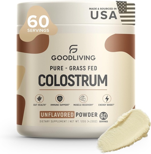 [BRSRA2TQOQPWCA3P] GoodLiving Grass Fed Colostrum Powder for Immune Support, Gut Health, Muscle Support & Wellness - Grass Fed Colostrum for Women & Men, Natural IgG Pure Whole Colostrum, Unflavored, 60 Servings