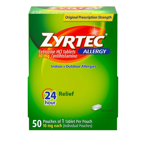 [BRSRA2Y6BB7REDLX] Zyrtec 24 Hour Allergy Relief Tablets, Individually Wrapped Indoor and Outdoor Allergy Medicine with 10 mg Cetirizine HCl per Antihistamine Tablet, 1 Tablet Per Pack, 50 ct Dispensit Pack