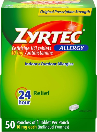 [BRSRA2Y6BB7REDLX] Zyrtec 24 orduko alergia-taulak, Banakako barruko eta kanpoko alergia-medikuntza, 10 mg Cetirizine HCl antihistamine Tablet bakoitzeko, 1 Tablet Per Pack, 50 ct Dispensit Pack