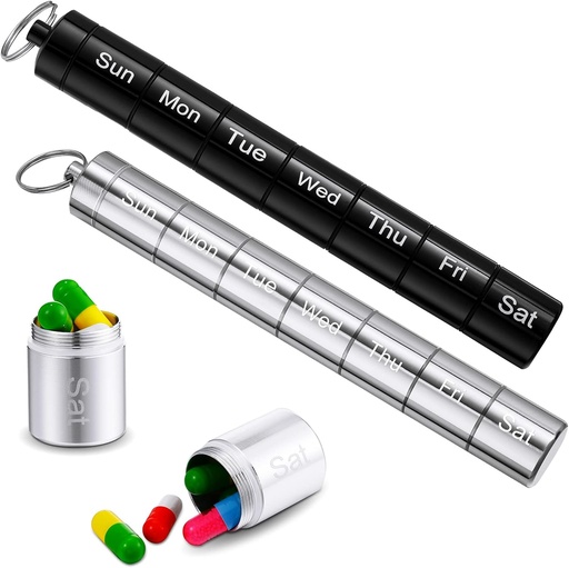 [BRSW2CTYA4BBYYLD] Vesici 2 Pack Metal Weekly Pill Organizer Travel Pill Container with Keychain 7 Day Weekly Waterproof Small Capsules Holder Case Box Stackable for Women Men Travel Outdoor(Black, Silver)