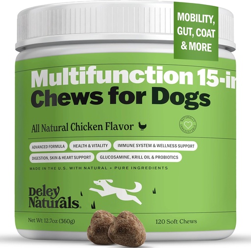 [BRSWYZ33AEFQE33K] Deley Naturals 15 in 1 Multivitamin for Dogs - Complete Dog Vitamins and Supplements for Immune Support, Joint, Skin, Digestion, Heart & Overall Health - Daily Multifunction Supplements - 120 Chews