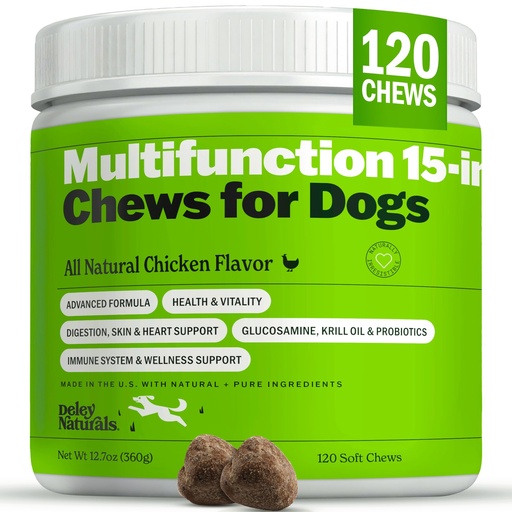 [BRSWYZ33AEFQE33K] Deley Naturals 15 in 1 Multivitamin for Dogs - Complete Dog Vitamins and Supplements for Immune Support, Joint, Skin, Digestion, Heart & Overall Health - Daily Multifunction Supplements - 120 Chews