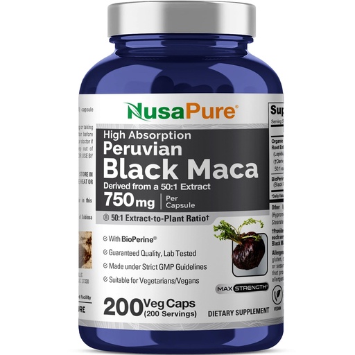 [BRSROCTYCIBB6FI7] NusaPure Peruvian Black Maca Root, 750 mg, 200 Veg Capsules ((Non-GMO, Vegan)