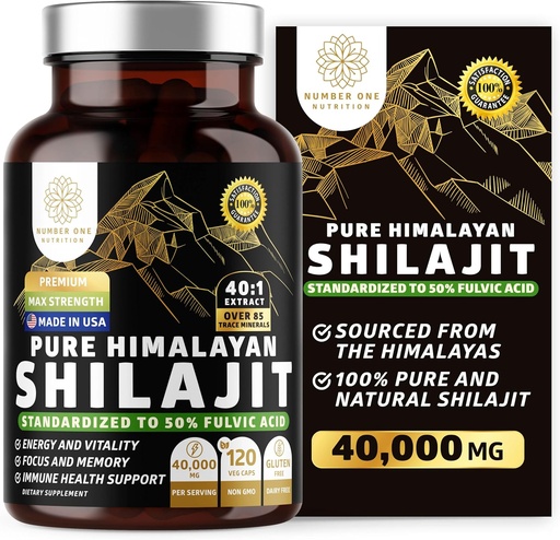 [BRSRA2YFC4HWO23X] Tiszta Himalájai Shilajit kiegészítés a férfiak és nők, [40,000MG, Max Strength] Tart 50% Fulvic Acid több mint 85 Trace Ásványok támogatása energia, agy és immunitás, 120 Veg Caps