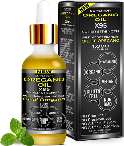 [BRSWYZACOJ5BUA33] Organic Oregano Oil Drops - 1,000 Servings, 12 Month Supply, Wild Oil of Oregano 9X Carvacrol, Immune & Digestive Support, Non-GMO, Food Grade Herbal Supplement, Alternative to oil of Oregano Tincture