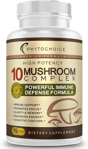 [BRSRMGQFAUFQEYIZ] 10 Mushroom Complex Nootropic Brain Supplement-Advanced Blend of Best Functional Mushrooms-Brain Memory Focus Energy, Immune Support-Lions Mane-Reishi-Cordyceps-Chaga-Turkey Tail (90 capsules)