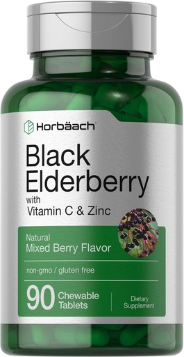 [BRSROCAFCB4AYG3Z] Horbaach Black Elderberry with Vitamin C and Zinc | 90 Chewable Tablets | Mixed Berry Flavor | Immune Support Complex | Vegetarian, Non-GMO, and Gluten Free Supplement
