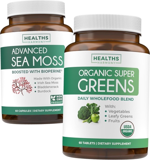 [BRSRAZYKCICQYFDH] Irish Sea Moss & Organic Super Greens (1-Mēneša piegādes) Papildmaksa Duo Bundle - Organic Irish Seamoss - Raw Vegan Superfood (60 Caps) & Organic Greens Pulveris ar 28 augļiem un dārzeņiem (60 Caps)
