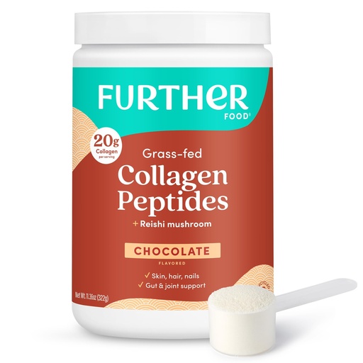 [BRSROCTQA4IGGFYZ] Further Food Chocolate Collagen Peptides Powder with Reishi Mushroom - 100% Grass-Fed, Hydrolyzed Type 1 & 3, 20g of Collagen per Serving, Supports Skin, Hair, Nails & Joints, 11.36 Oz