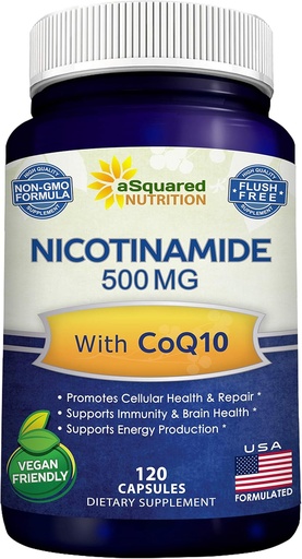 [BRSWYZYDCMBWMHI4] Nicotinamida con CoQ10 (120 cápsulas) - Vitamina B3 500mg (Niacinamide Flush Free) - Coenzyme Q10 Polvo - VIT B-3 &amp; Coq 10 píldoras suplementarias para apoyar la energía, NAD, " Skin Cell Health