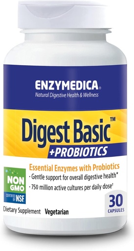 [BRSWIGYOBMPWYH3G] Enzymedica - Digest Basic + Probiotics, Essential Digestive Enzymes with Probiotics, 30 Capsules FFP