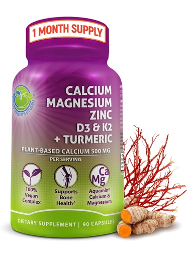 [BRSRAZQHBMOWAF3X] Plant-Based Calcium 500mg (Aquamin) – Vegan Calcium Magnesium Zinc D3 with Vitamin K2 & Organic Turmeric – Enhanced Bone and Muscle Health & Strength, Immune Support for Women & Men - 90 Count