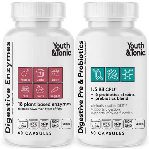 [BRSROBIDAADQECQV] Youth & Tonic Digestive Supplement for Bloating, Regularity & Gut Health. Full Spectrum Enzymes Probiotics & Prebiotics for Digestion to Break Down Food and to Use Daily, for Women & Men – 120 Pills