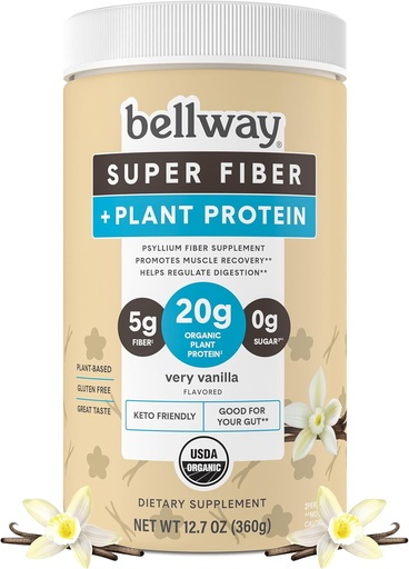 [BRSRMCD7BYCBUYLZ] Bellway Super Fiber + Protein Powder, Sugar-Free Organic Psyllium Husk Fiber Supplement Powder with 20g Plant Protein Per Serving, Very Vanilla, 12.7 oz