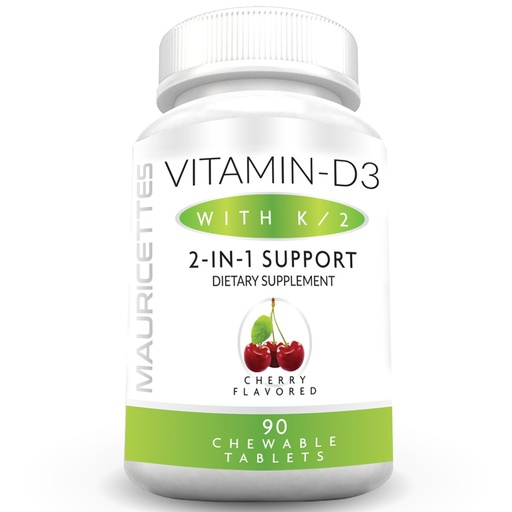 [BRSWGELRARYQE23A] Mauricettes Chewable Vitamin D3 with K2 – 2-in-1 Bone & Heart Health Support – Immune Booster – Natural Cherry Flavor – 90 Tablets for Adults & Kids