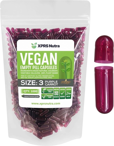 [BRSWYH3QPN7G2332] XPRS Nutra Size 3 capsule vuote - 1000 Conte Empty Vegan - Pillole vegetariane - Riempimento di capsule vegetali fai da te - Capsula di pillole vegetariane (Carota viola)
