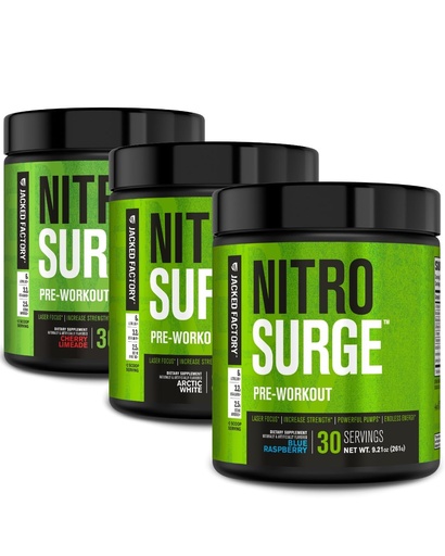 [BRSROCYKBYNGME3F] Jacked Factory NITROSURGE Pre Workout Supplement - Endless Energy, Instant Strength Gains, Clear Focus, Intense Pump | Cherry Limeade, Blue Raspberry, Arctic White (90 Servings)