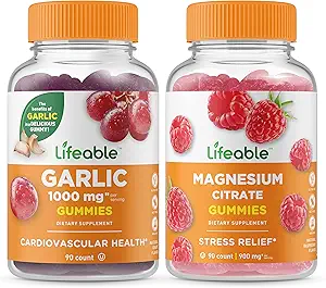 [BRSROZAFOUPQKYAV] Lifeable Garlic 1000mg + Magnesium, Gummies Bundle - Great Tasting, Vitamin Supplement, Gluten Free, GMO Free, Chewable Gummy