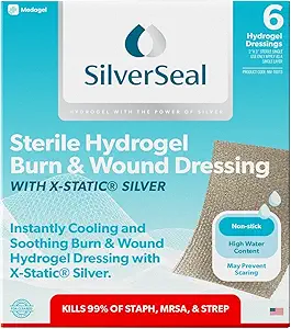 [BRSRMZQLBMMWMCA2] SilverSeal Burn and Wound Dressing, Hydrogel Pads with X-Static Silver, Soothing, Moist & Protective for Burns, Cuts & Wounds, 2" x 3" Sterile Dressings, 6 Count