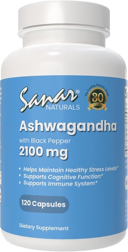 [BRSRA2T6CAIAGDT5] Sanar Naturals Ashwagandha 2,100 mg - Stress & Mood Support Supplement - Fördert Fokus und nachhaltige Energie, Ashwaghanda Pulver und Wurzelextrakt Mischung mit schwarzem Pfeffer - Non-GMO, 120 Kapseln